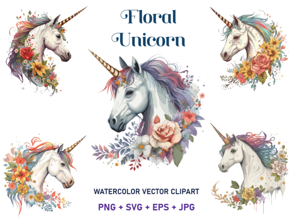 Download Watercolor Floral Unicorn Vector Clipart - Unicorn Collection